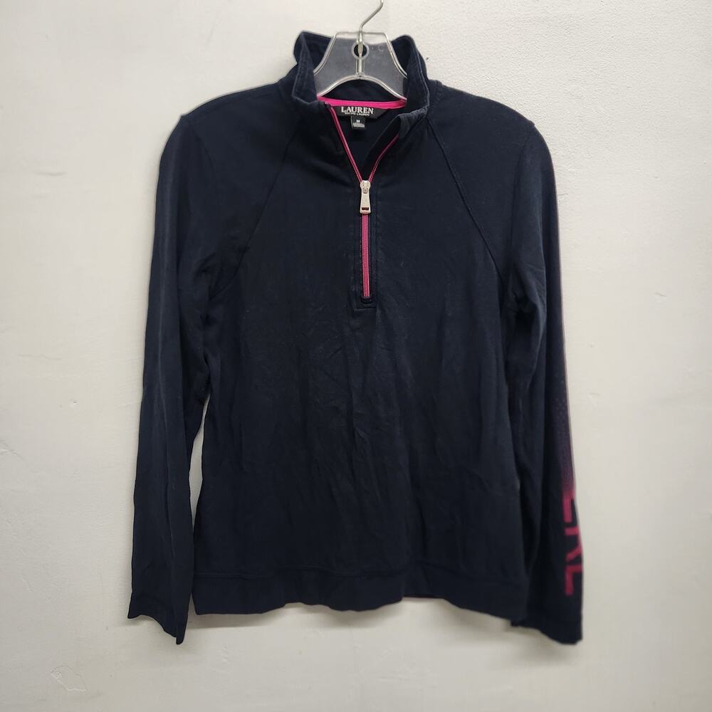 Lauren Ralph Lauren Women's Medium Pullover Half-Zip Navy Blue Pink Trim